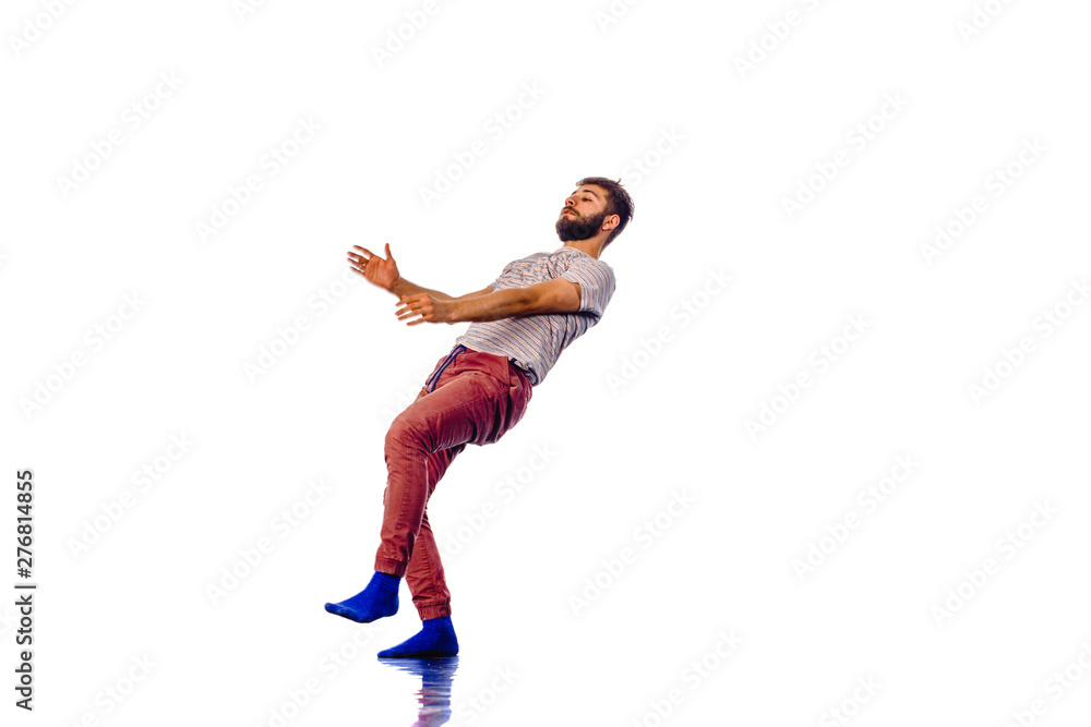 Adorable man dancing isolated on white background