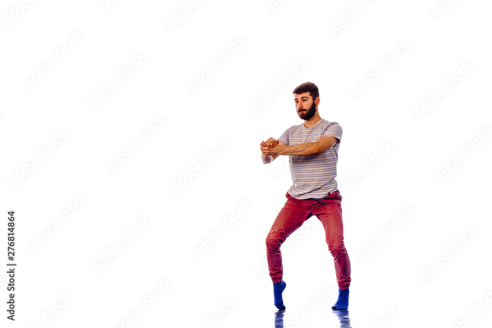 Modern boy standing isolated on white background