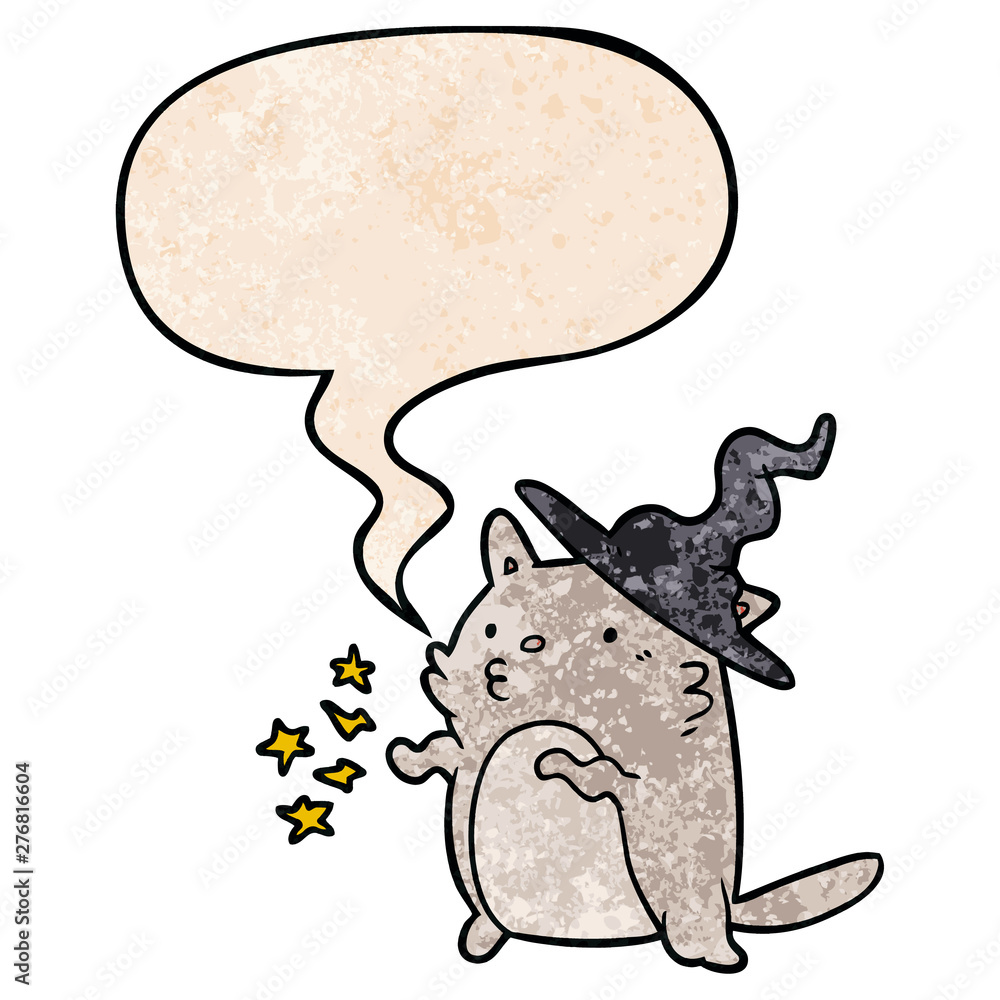 magical amazing cartoon cat wizard and speech bubble in retro texture style magical amazing cartoon cat wizard and speech bubble in retro texture style