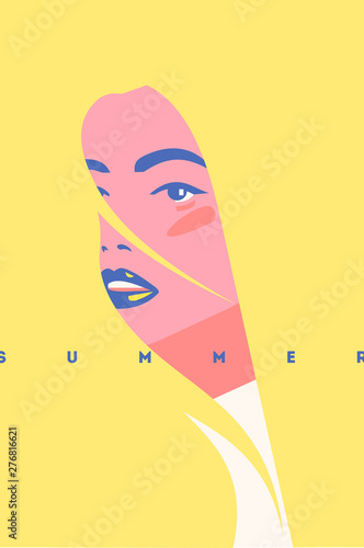 Summer fashion portrait of a blondie model girl. Retro trendy yellow color poster or flyer.