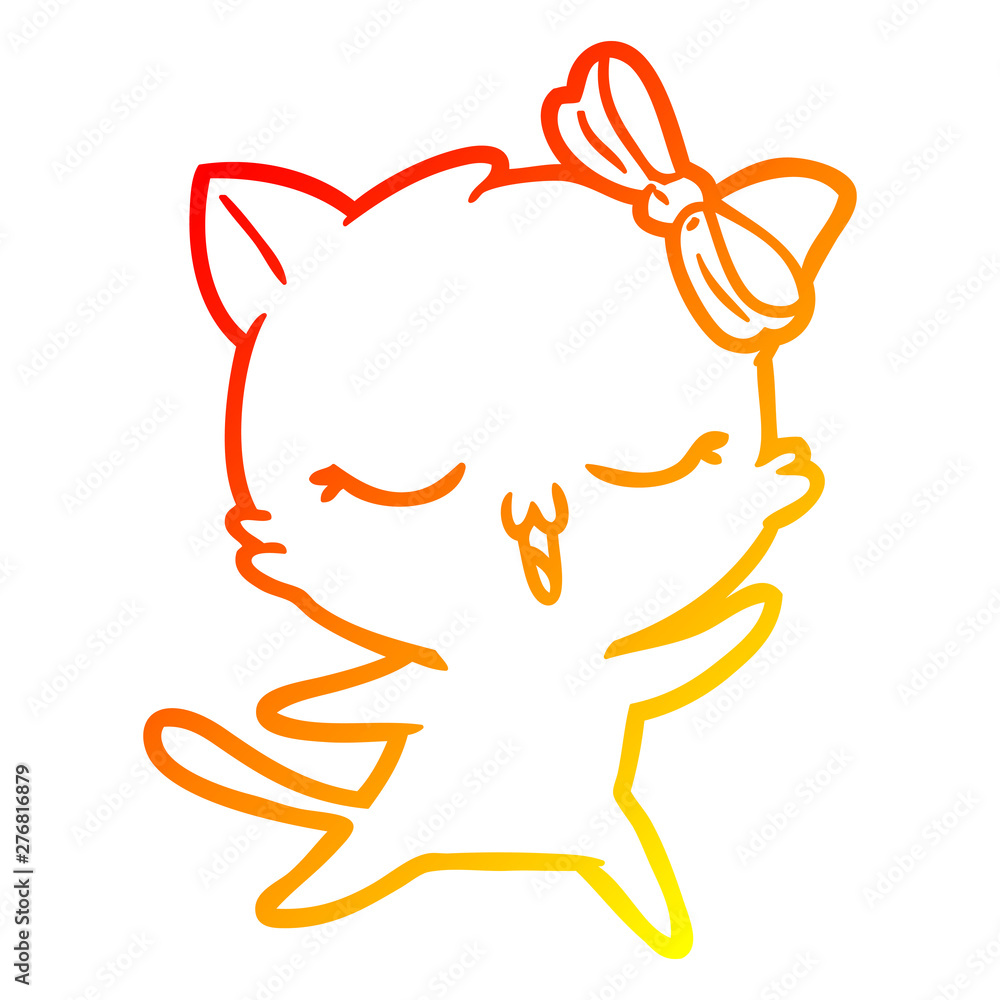 warm gradient line drawing cartoon dancing cat with bow on head warm gradient line drawing cartoon dancing cat with bow on head