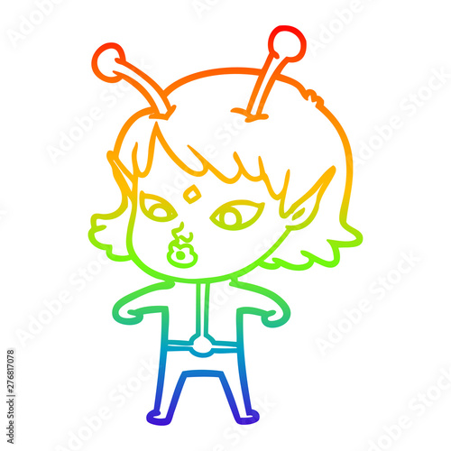 rainbow gradient line drawing pretty cartoon alien girl