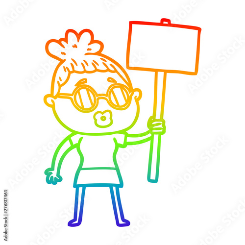 rainbow gradient line drawing cartoon protester woman wearing spectacles