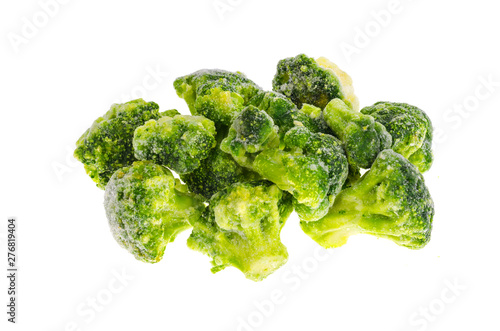 Bunch of frozen broccoli isolated on white background.