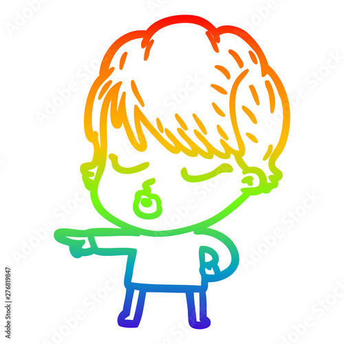 rainbow gradient line drawing cartoon woman with eyes shut