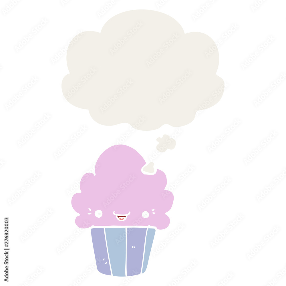 cartoon cupcake with face and thought bubble in retro style cartoon cupcake with face and thought bubble in retro style