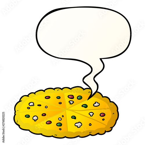 cartoon double cheese pizza and speech bubble in smooth gradient style