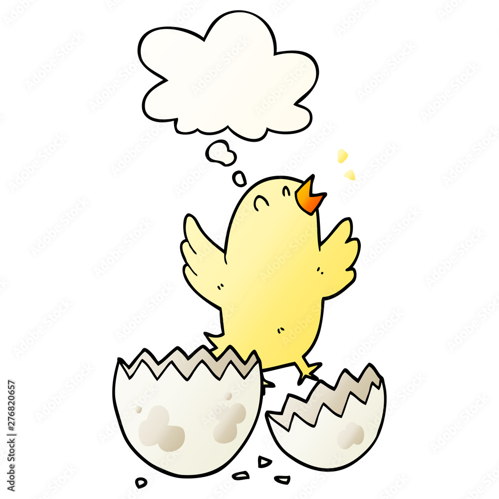 cartoon bird hatching from egg and thought bubble in smooth gradient style cartoon bird hatching from egg and thought bubble in smooth gradient style
