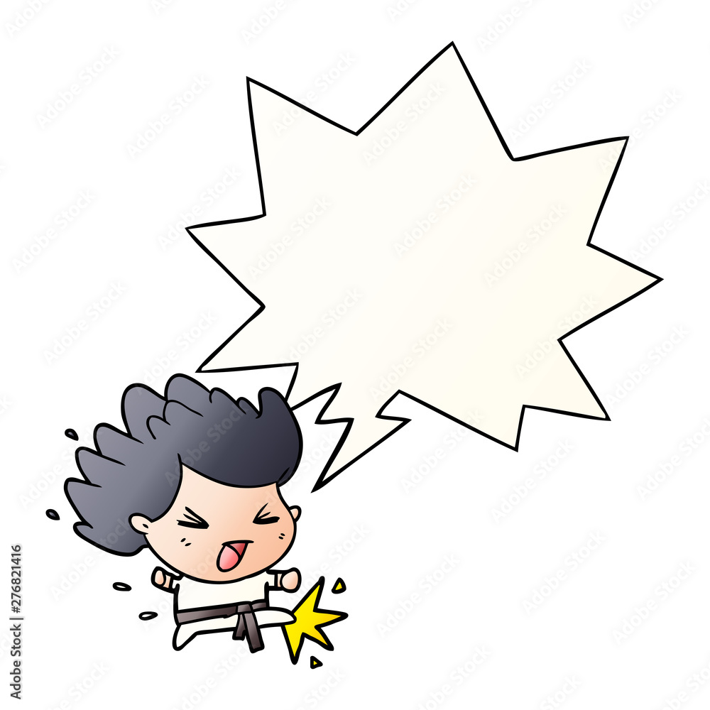 cute cartoon kicking karate champion and speech bubble in smooth gradient style cute cartoon kicking karate champion and speech bubble in smooth gradient style