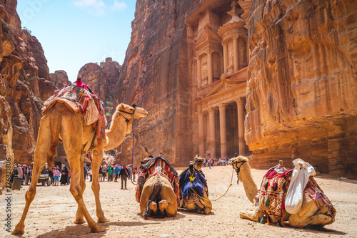 Petra Al Khazneh (The Treasury) with Camels in Jordan photo