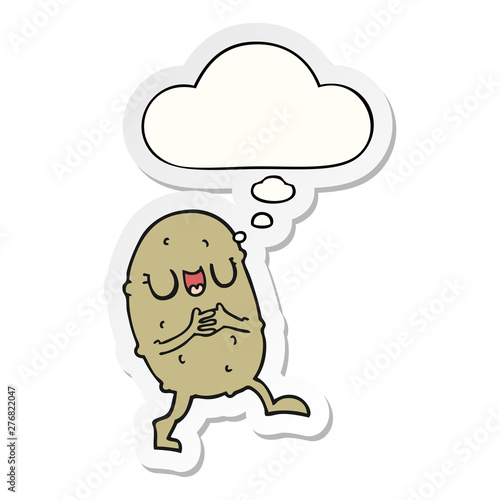 cartoon happy potato and thought bubble as a printed sticker