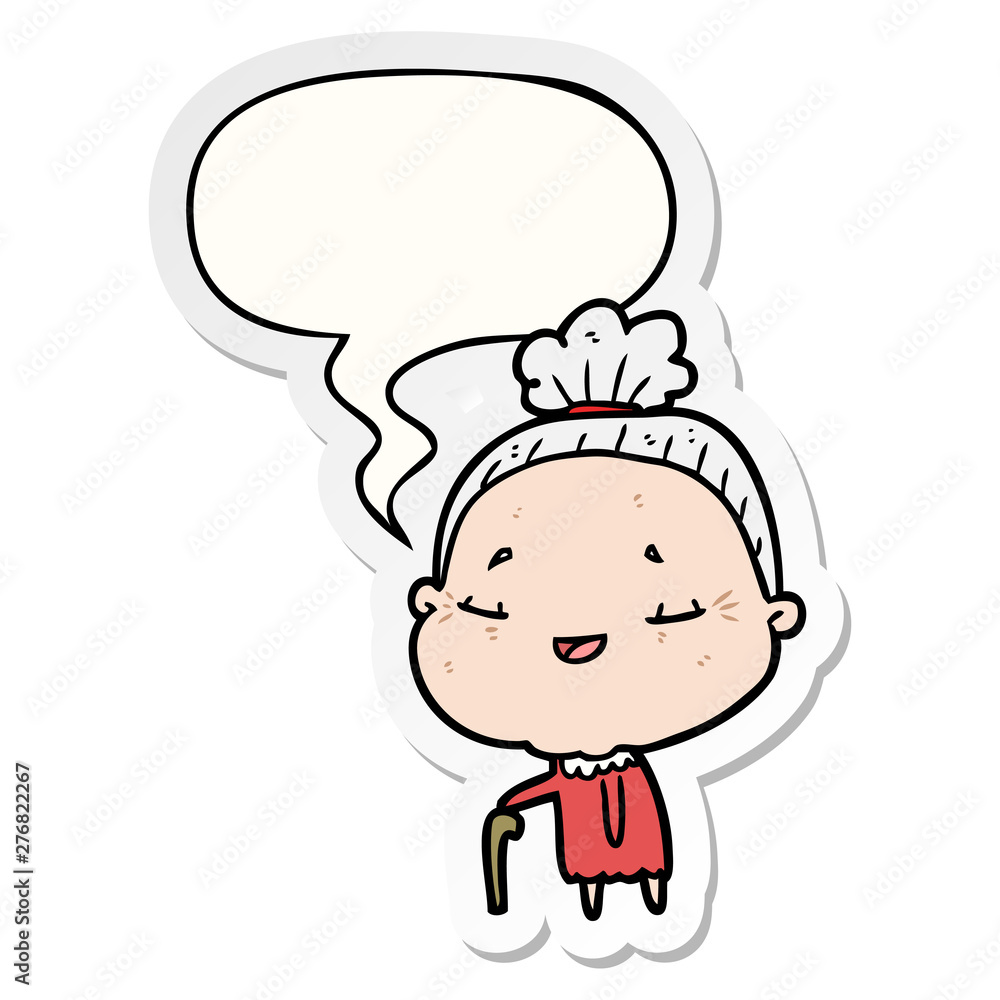 cartoon old woman and walking stick and speech bubble sticker cartoon old woman and walking stick and speech bubble sticker