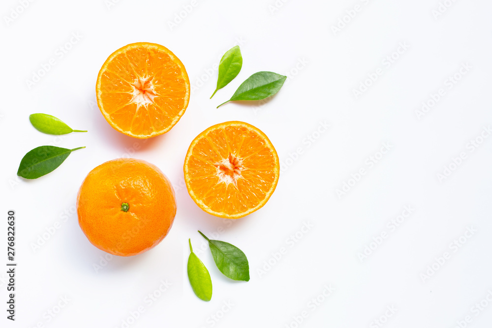 Fresh orange citrus fruit with leaves on white background. Fresh orange citrus fruit with leaves on white background.