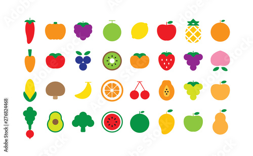 Set of basic fruits and vegetables icons. Vector illustration.
