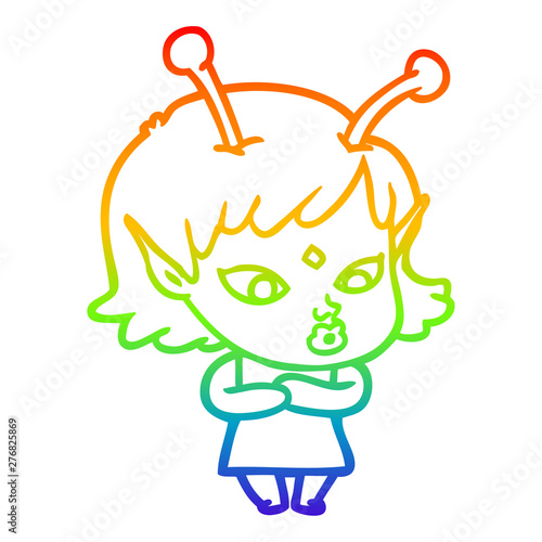 rainbow gradient line drawing pretty cartoon alien girl