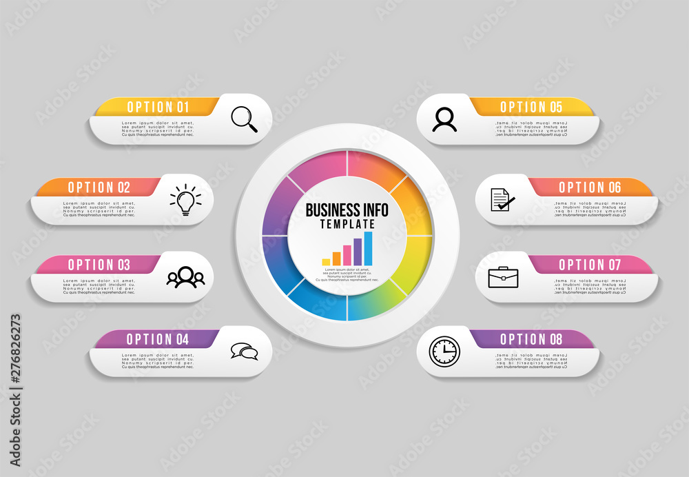 Fototapeta premium Vector Infographic Design Template with 8 Options Steps and Marketing Icons. Business Data Visualization can be used for info graph, presentations, process, diagrams, annual reports, workflow layout
