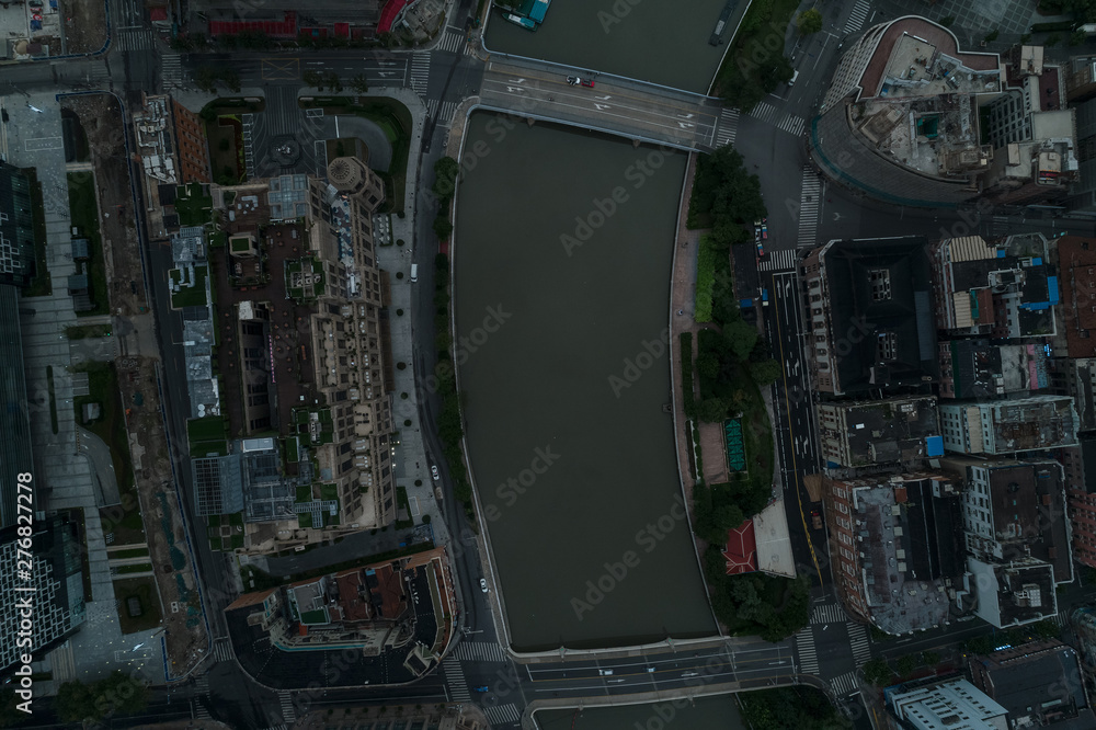Aerial view from above Suzhou River in the dawn, on a cloudy day, Shanghai city, China