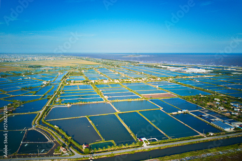 Aerial image of large shrimp breeding farms in the coastal region of Giao Thuy, Vietnam.