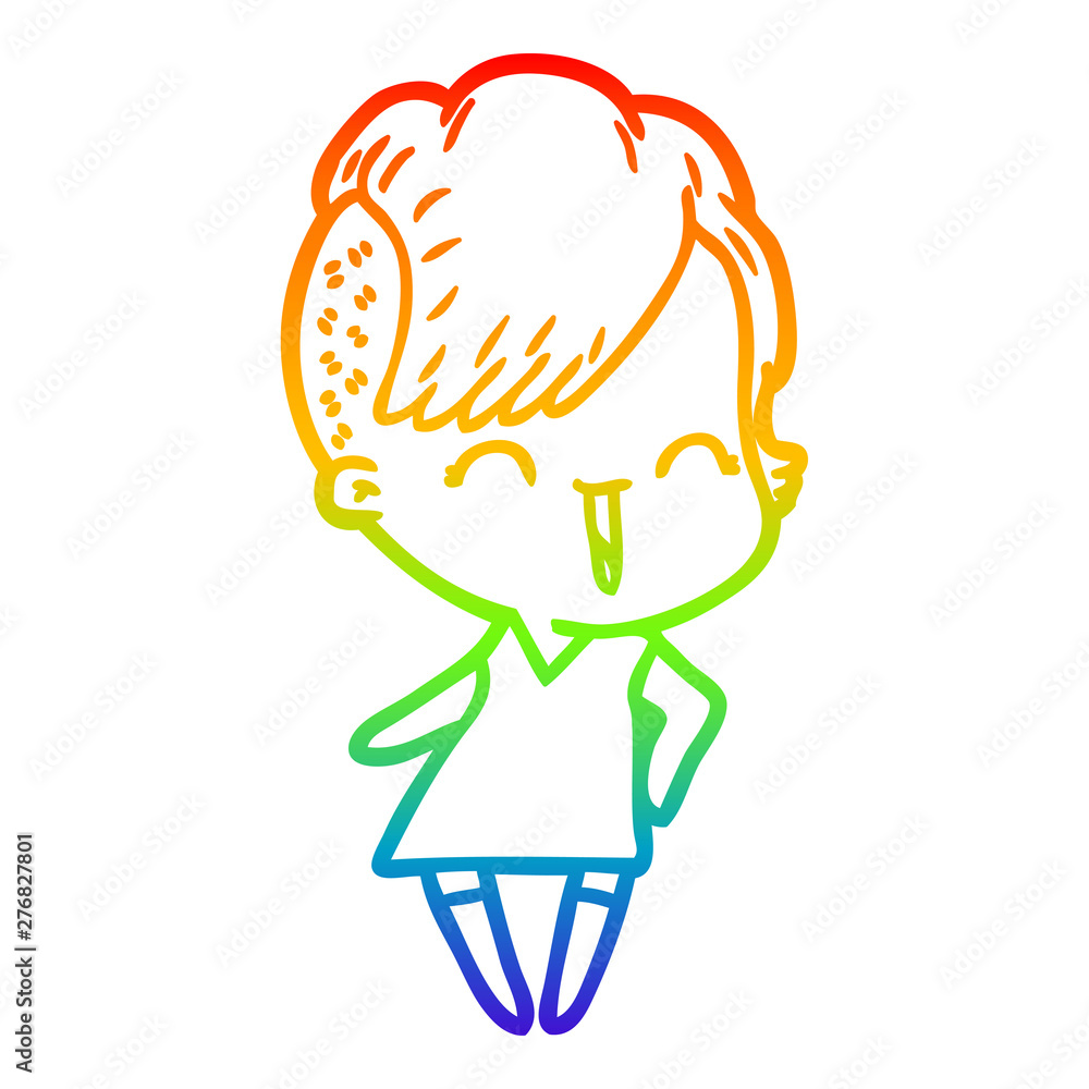 rainbow gradient line drawing happy cartoon hipster girl