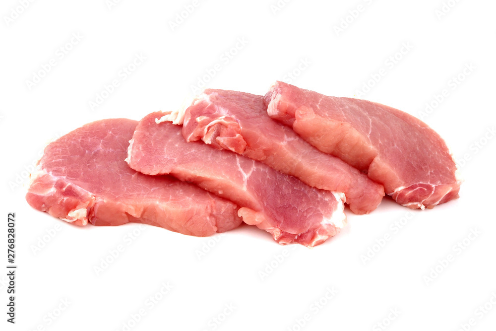 Raw pork cutlet on white background, Red meat pig