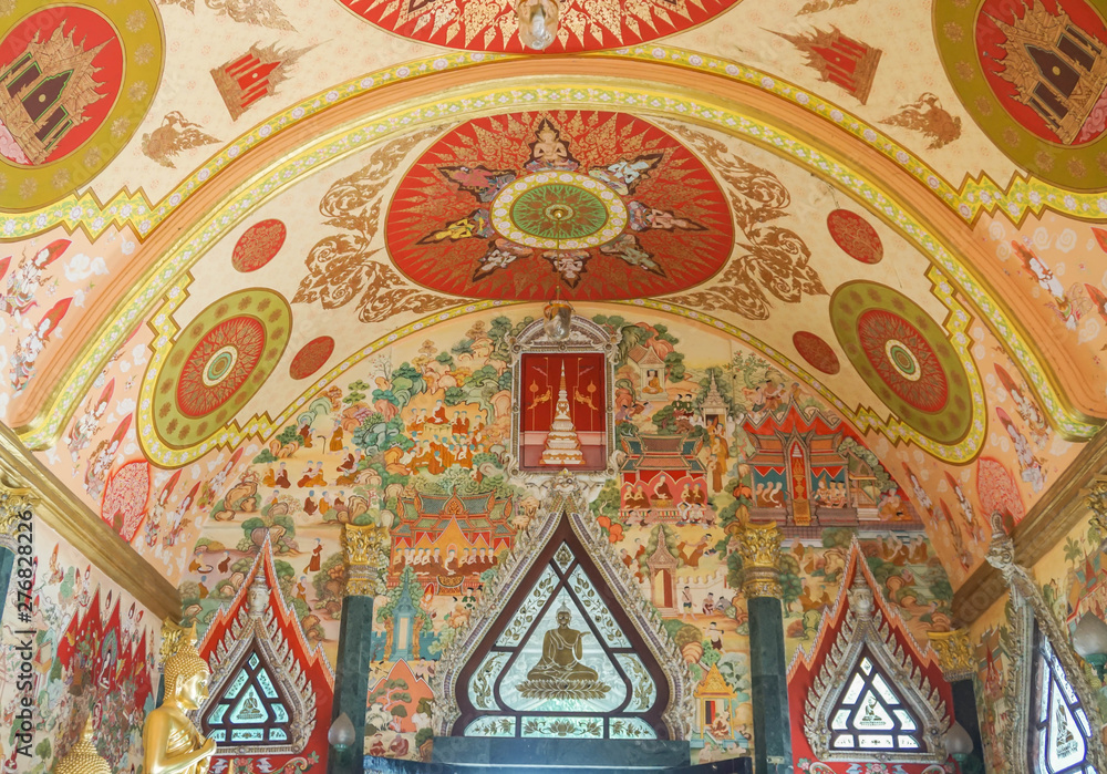Nakornpathom / Thailand - July 1 2019: Buddhist mural painting of belief in Srisathong temple for people faith