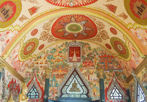Nakornpathom   Thailand - July 1 2019  Buddhist mural painting of belief in Srisathong temple for people faith