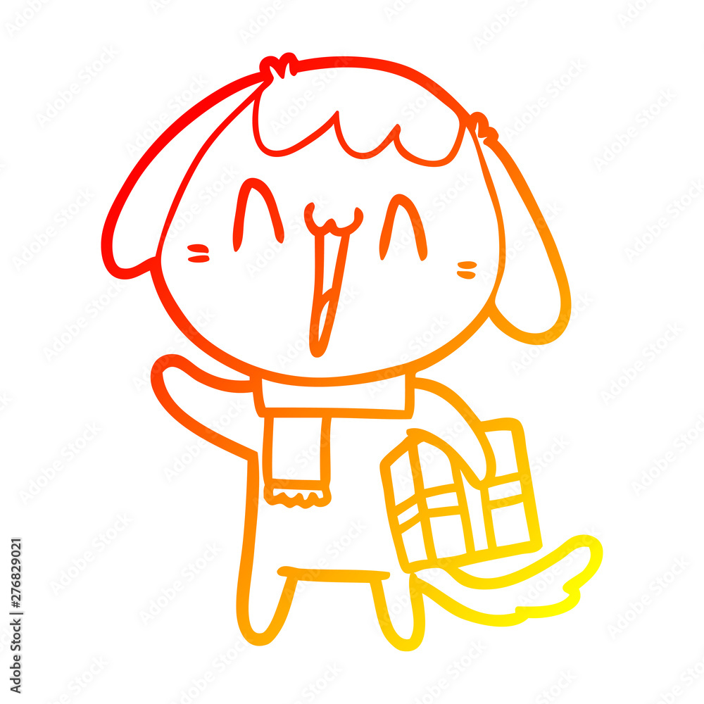 warm gradient line drawing cute cartoon dog with christmas present warm gradient line drawing cute cartoon dog with christmas present