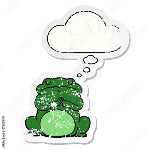 cartoon arrogant frog and thought bubble as a distressed worn sticker