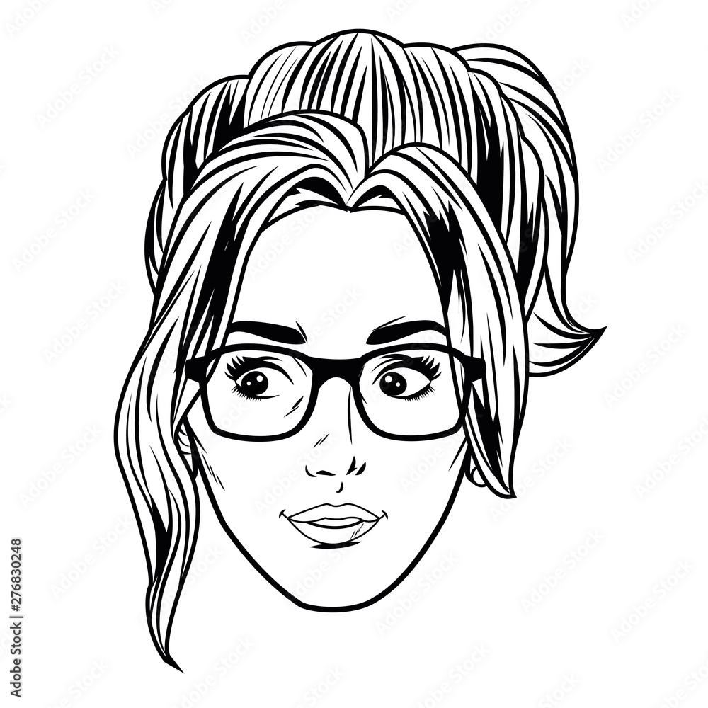 young woman face avatar cartoon in black and white pop art