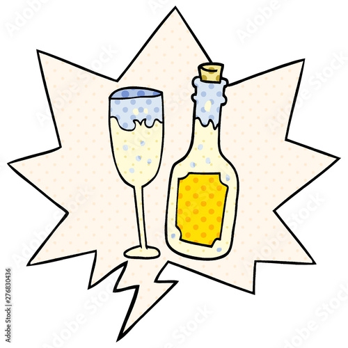 cartoon champagne bottle and glass and speech bubble in comic book style