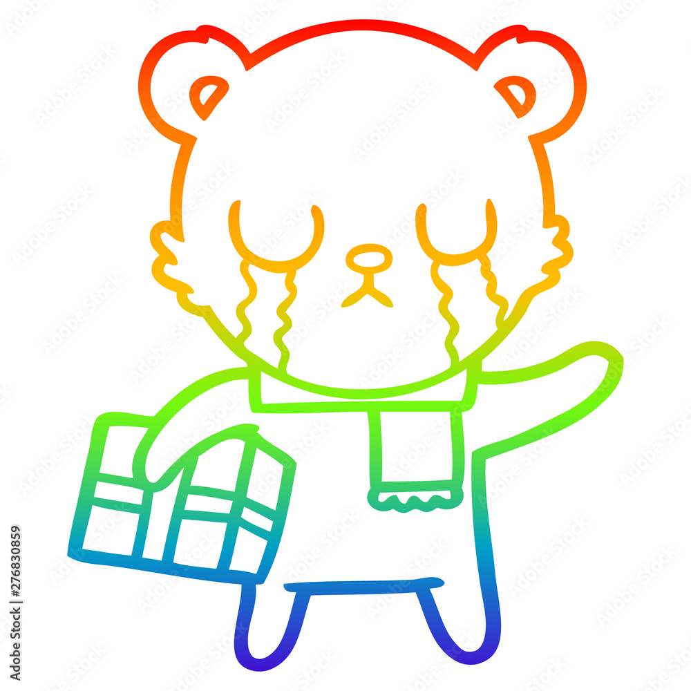 rainbow gradient line drawing crying polar bear cartoon with christmas gift rainbow gradient line drawing crying polar bear cartoon with christmas gift