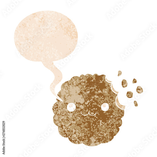 cartoon biscuit and speech bubble in retro textured style