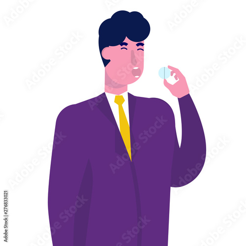 Sick man swallow big pill in his hands.  Vector illustration