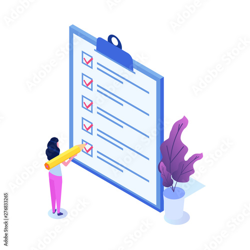 Businesswoman checklist concept. Checking business  task success, questionnaire checkbox. Vector isometric illustration