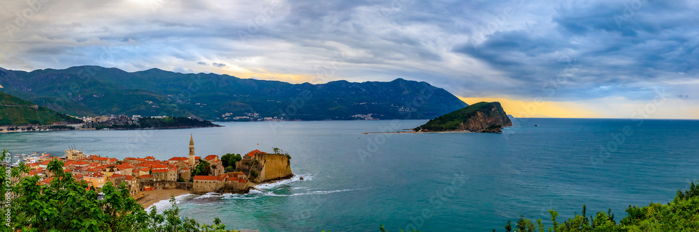 Panorama of Budva Old Town with the Citadel and the Adriatic Sea in Montenegro