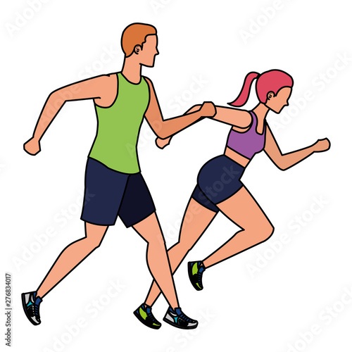 young athletic couple running characters