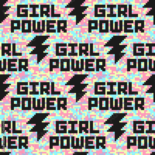 Holographic digital camouflage seamless pattern with girl power quote. Feminist slogan. Abstract pixel background. 