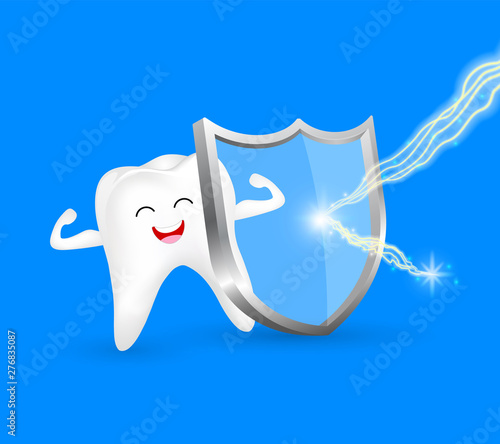 Healthy tooth character with shield. Anti-caries protection, dental care concept. Illustration on blue background