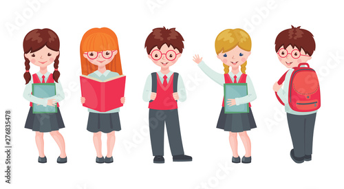Vector set of pupils with school supplies.
