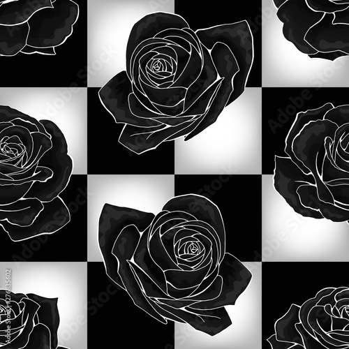 Black roses on chessboard background. Vector seamless pattern design