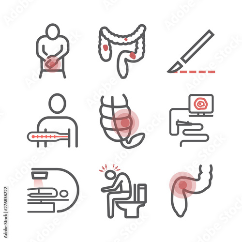 Colorectal Cancer Symptoms. Diagnostics. Line icons set. Vector signs for web graphics.