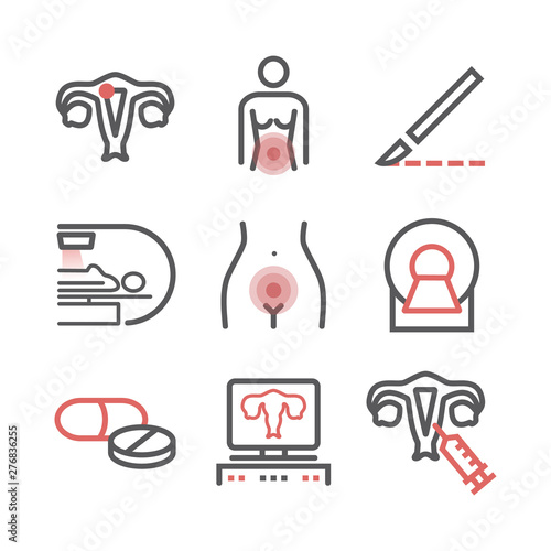 Cervical Cancer. Symptoms, Causes, Treatment. Line icons set. Vector signs for web graphics.