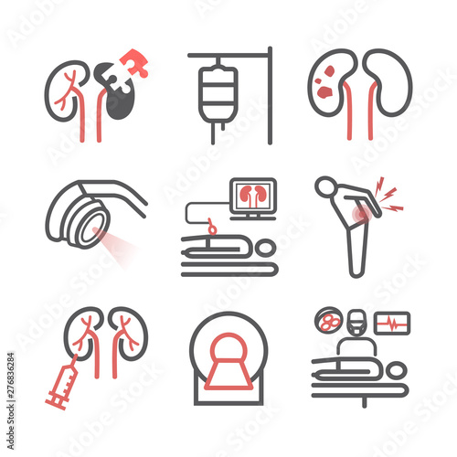 Kidney Cancer Symptoms. Causes. Diagnostics. Line icons set. Vector signs for web graphics.