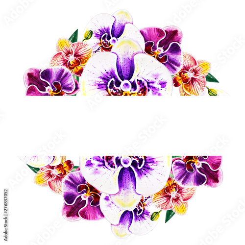 Beautiful colorful orchid text frame. Bouquet of flowers. Floral print. Marke...