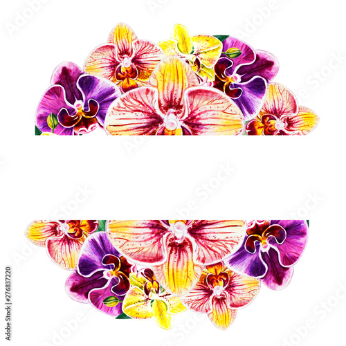 Beautiful colorful orchid text frame. Bouquet of flowers. Floral print. Marke...