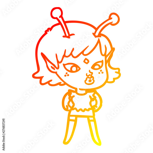 warm gradient line drawing pretty cartoon alien girl