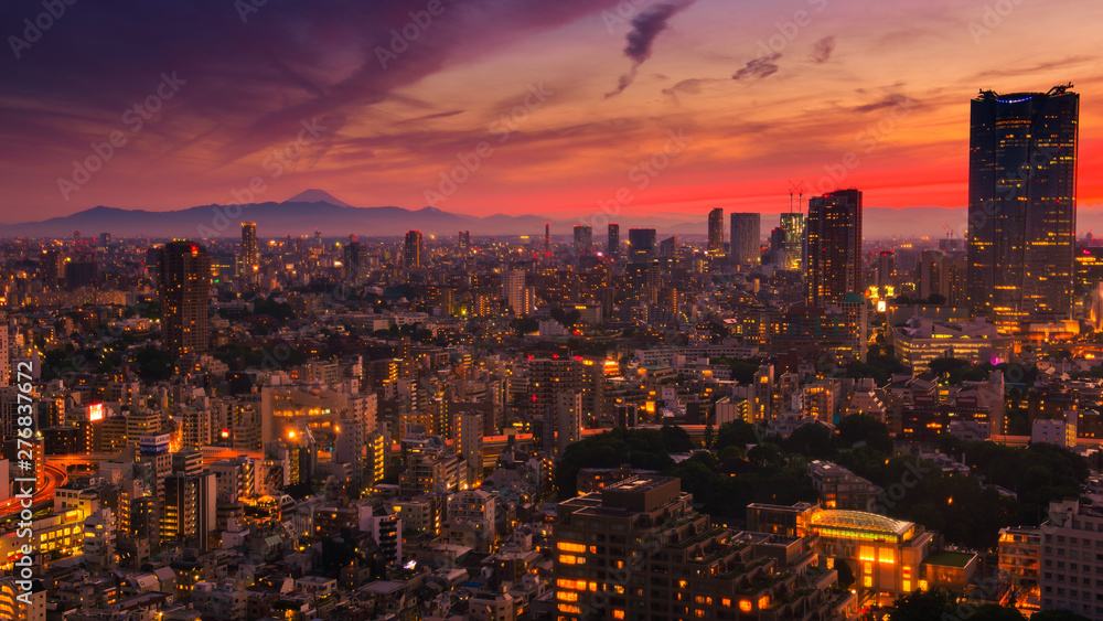 Αυτοκόλλητο Tokyo city view, Tokyo downtown building with Mountain Fuji at sunset from Tokyo Tower