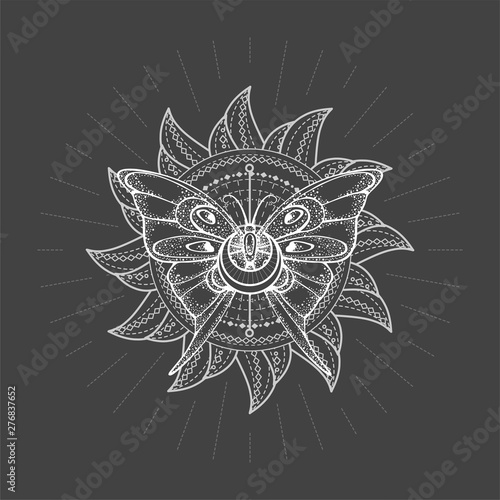 Vector illustration with hand drawn butterfly and Sacred geometric symbol on black background. Abstract mystic sign.