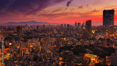 Photography Tokyo city view, Tokyo downtown building with Mountain Fuji at sunset from Tokyo Tower