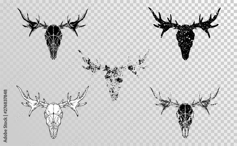 Vector set of hand drawn skulls moose with grunge elements in different ...